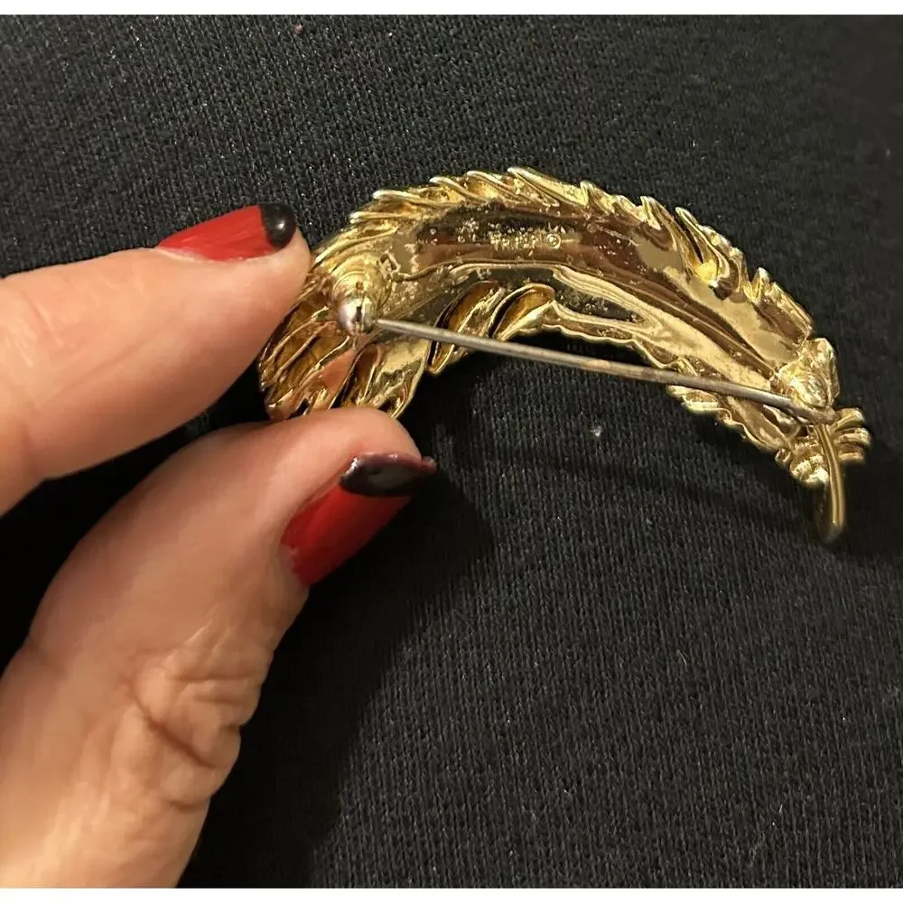 Vintage Gold‎ Tone Feather Brooch Pin with Faux Pearls